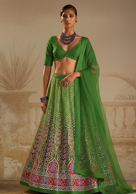 Henna Green Floral Print Crepe Lehenga Set