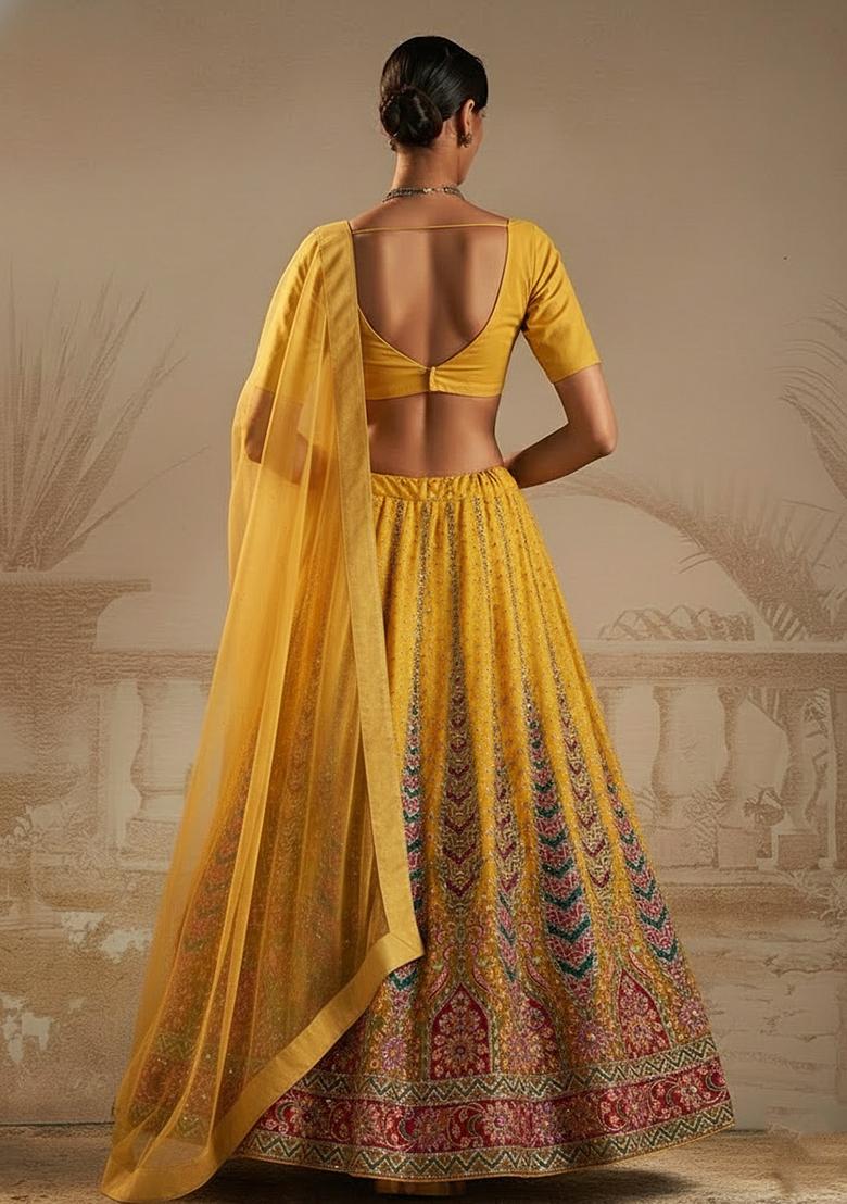 Yellow Floral Print Crepe Lehenga Set - Indya