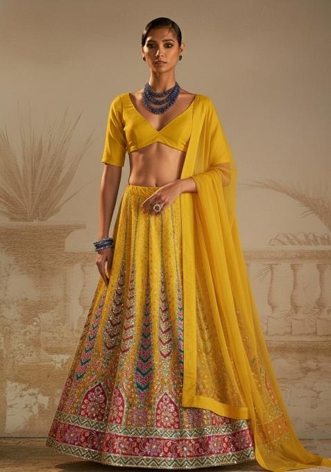 Yellow Floral Print Crepe Lehenga Set