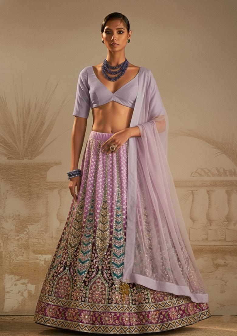 Lavender Floral Print Crepe Lehenga Set - Indya