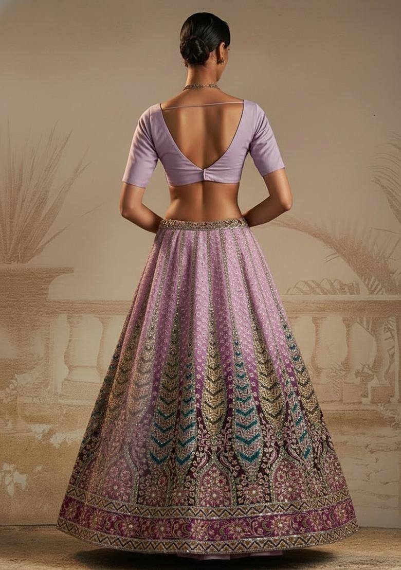 Lavender Floral Print Crepe Lehenga Set - Indya