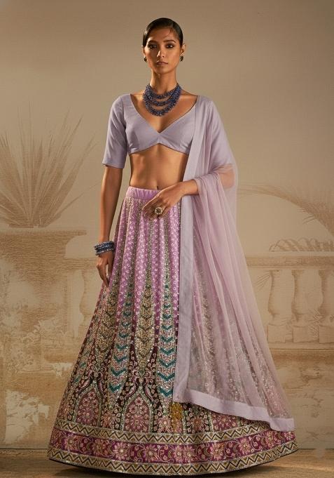Lavender Floral Print Crepe Lehenga Set