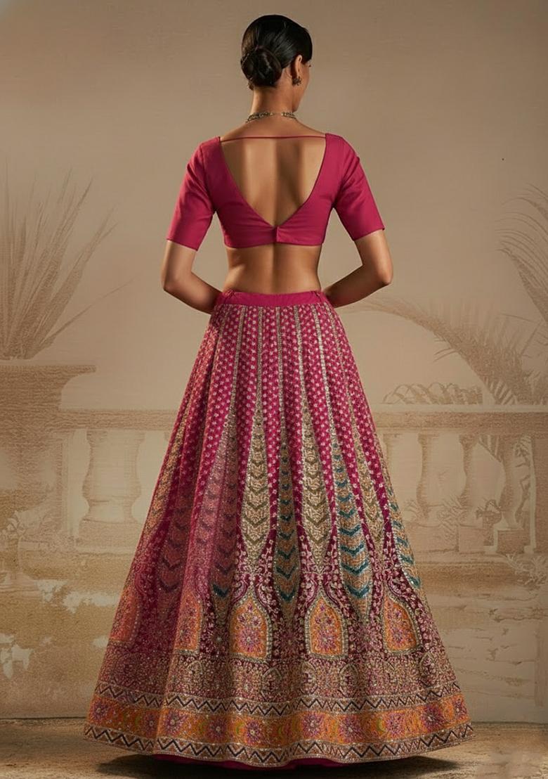 Rani Pink Figure Print Crepe Lehenga Set - Indya