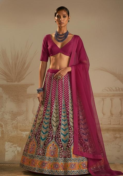 Rani Pink Figure Print Crepe Lehenga Set