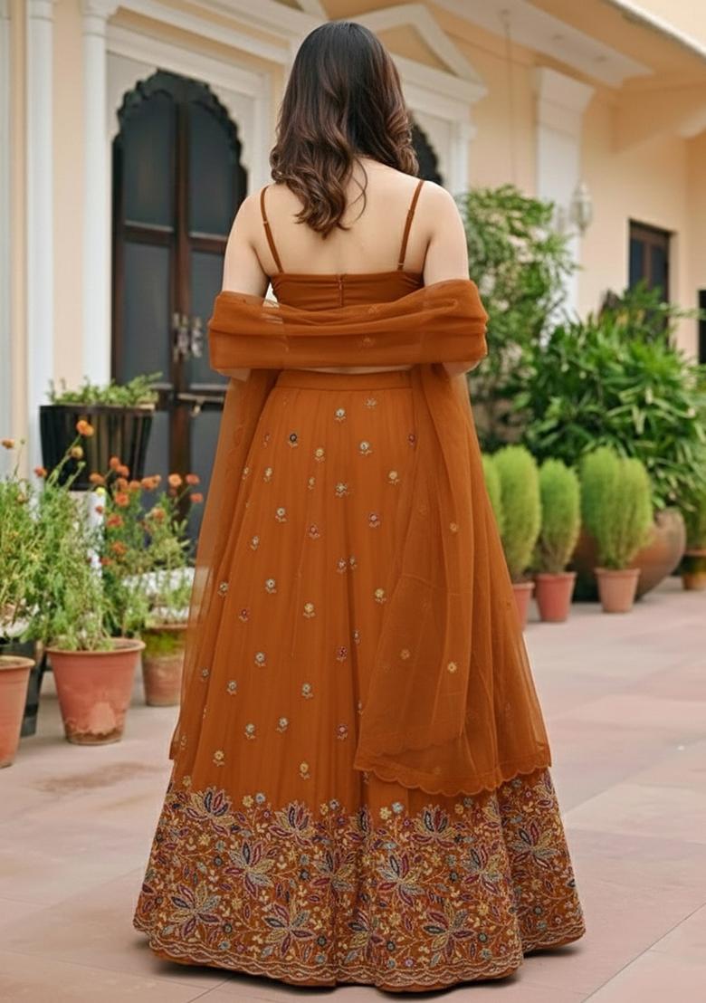 Rust Embroidered Moss Lehenga Set - Indya