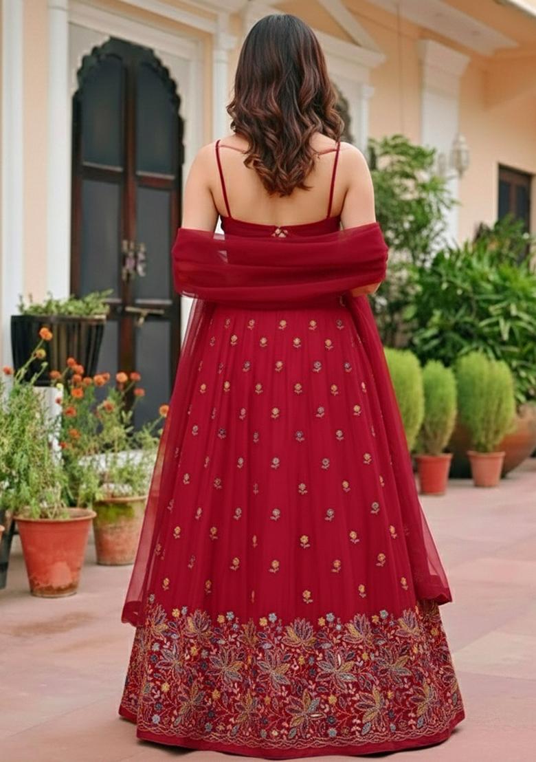 Red Embroidered Moss Lehenga Set - Indya