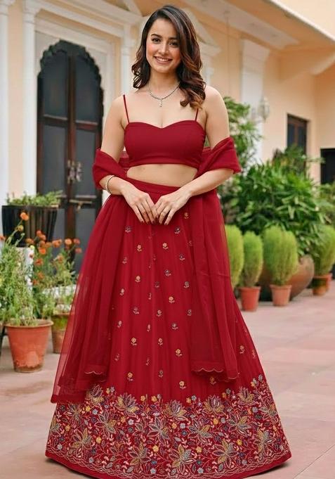 Red Embroidered Moss Lehenga Set