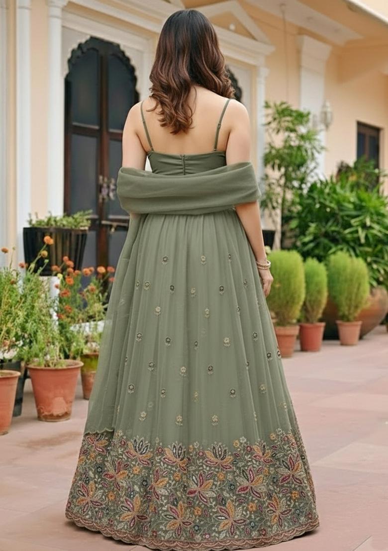 Olive Green Embroidered Moss Lehenga Set - Indya