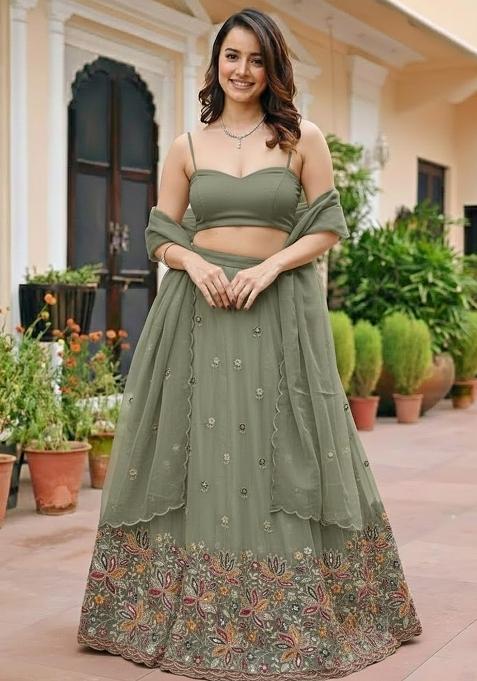 Olive Green Embroidered Moss Lehenga Set