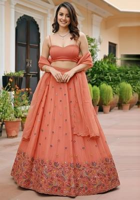 Peach Embroidered Moss Lehenga Set