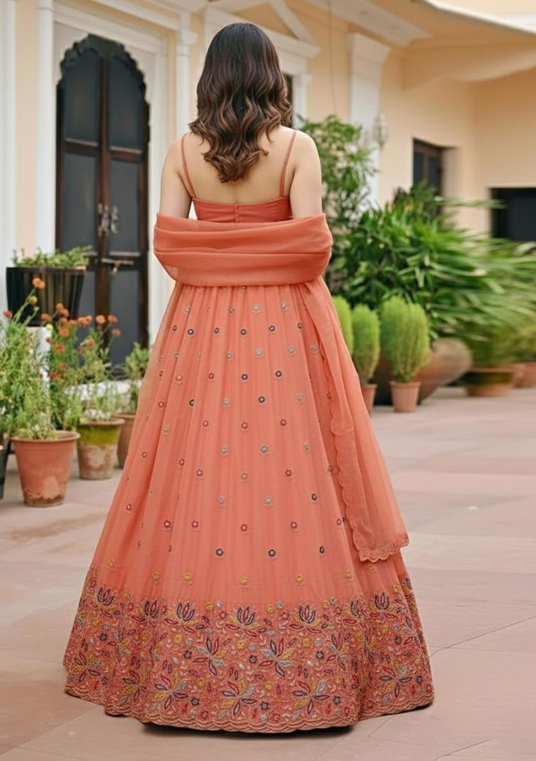 Peach Embroidered Moss Lehenga Set - Indya