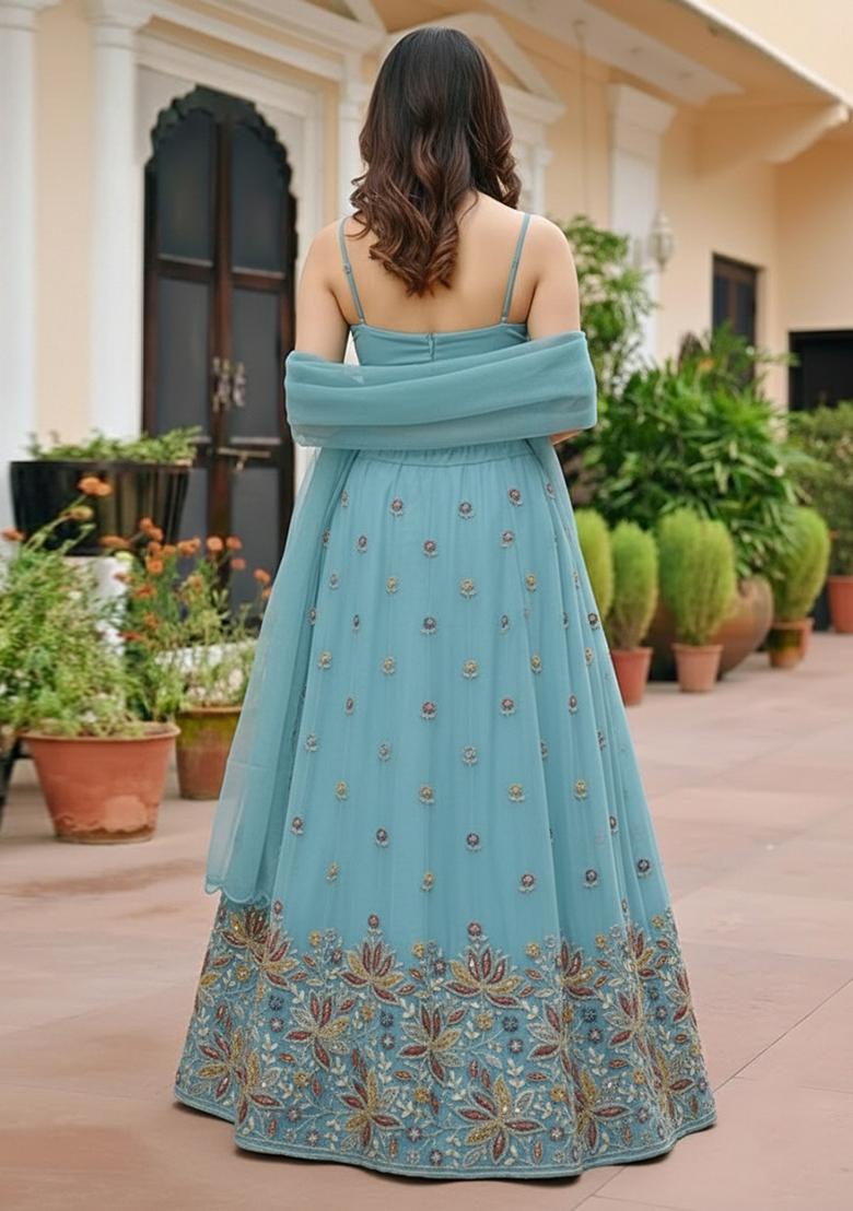 Blue Embroidered Moss Lehenga Set - Indya