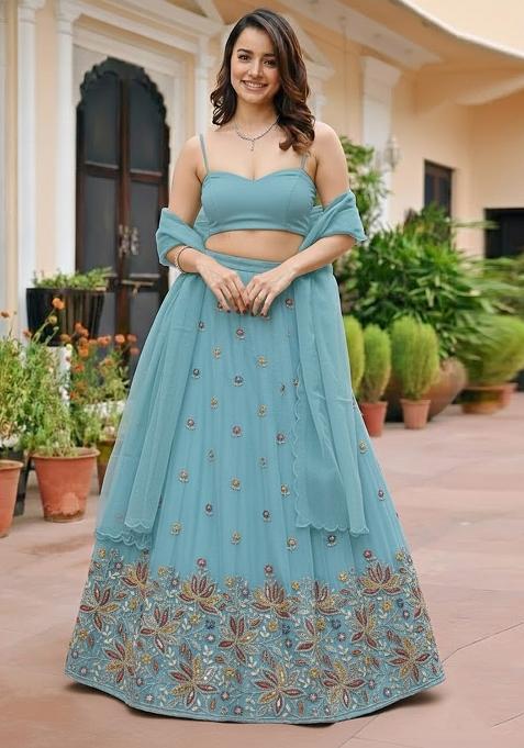 Blue Embroidered Moss Lehenga Set