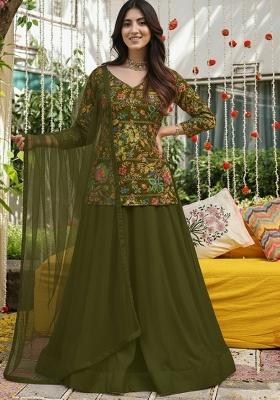 Olive Green Floral Print Crepe Lehenga Set