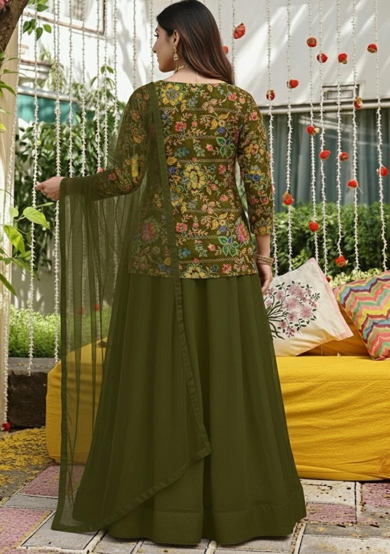 Olive Green Floral Print Crepe Lehenga Set - Indya