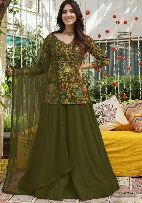 Olive Green Floral Print Crepe Lehenga Set
