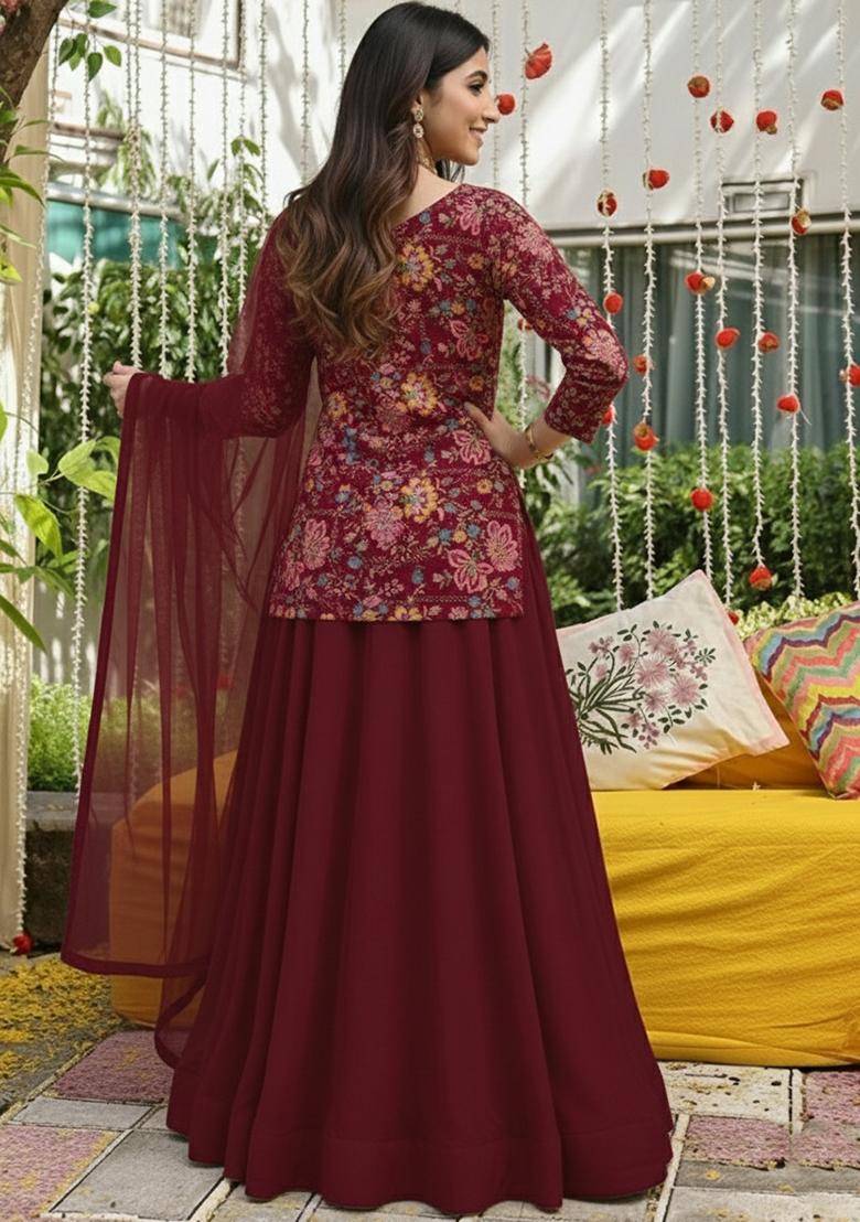 Maroon Floral Print Crepe Lehenga Set - Indya