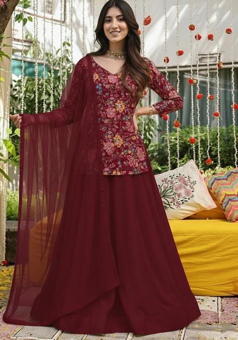 Maroon Floral Print Crepe Lehenga Set