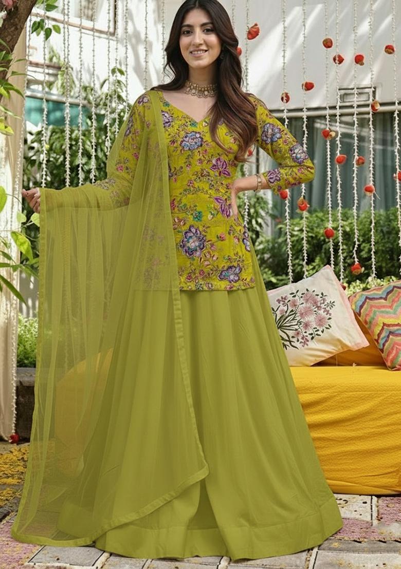Lime Green Floral Print Crepe Lehenga Set - Indya