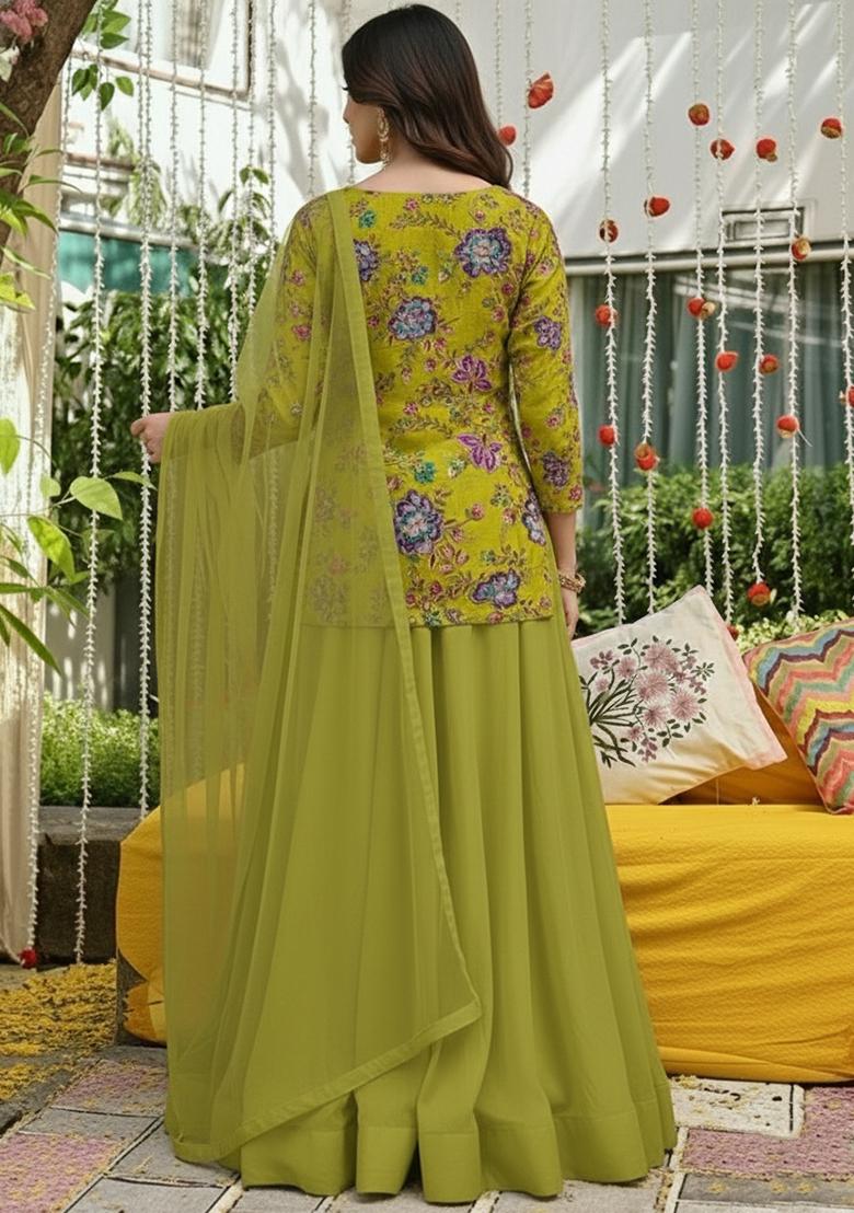 Lime Green Floral Print Crepe Lehenga Set - Indya