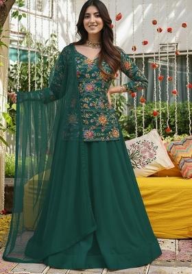 Bottle Green Floral Print Crepe Lehenga Set