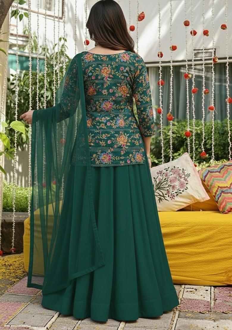 Bottle Green Floral Print Crepe Lehenga Set - Indya