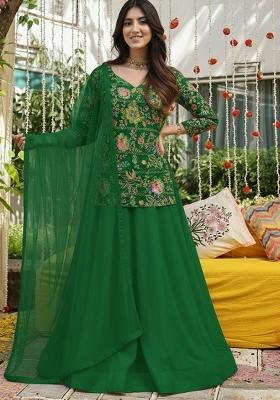 Dark Green Embroidered Crepe Lehenga Set