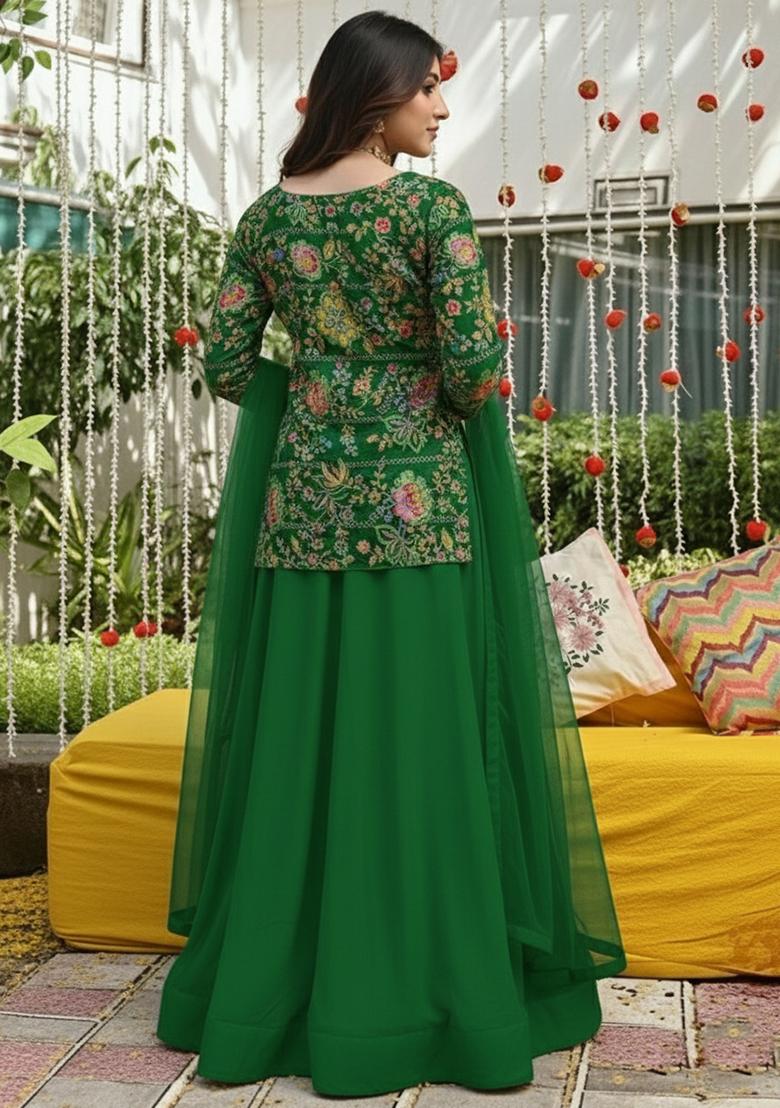 Dark Green Embroidered Crepe Lehenga Set - Indya