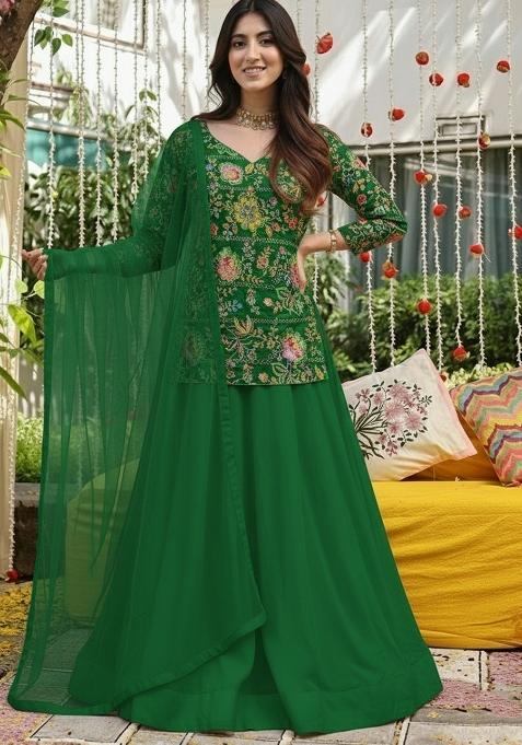 Dark Green Embroidered Crepe Lehenga Set