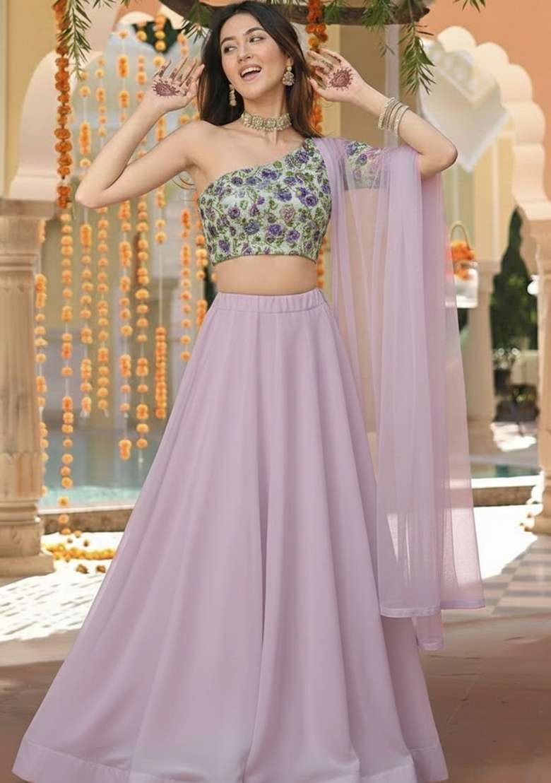 Lavender Crepe Lehenga Set with Embroidered for Diwali | Wedding & Festive Wear - Indya