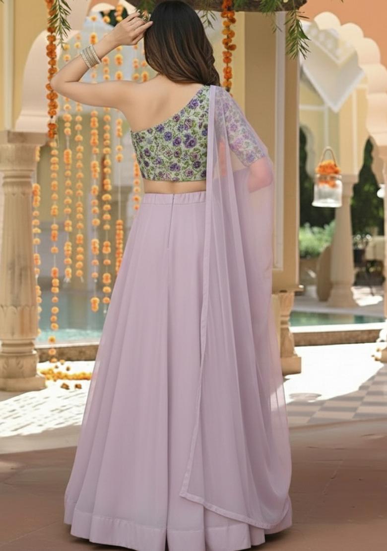 Lavender Embroidered Crepe Lehenga Set - Indya