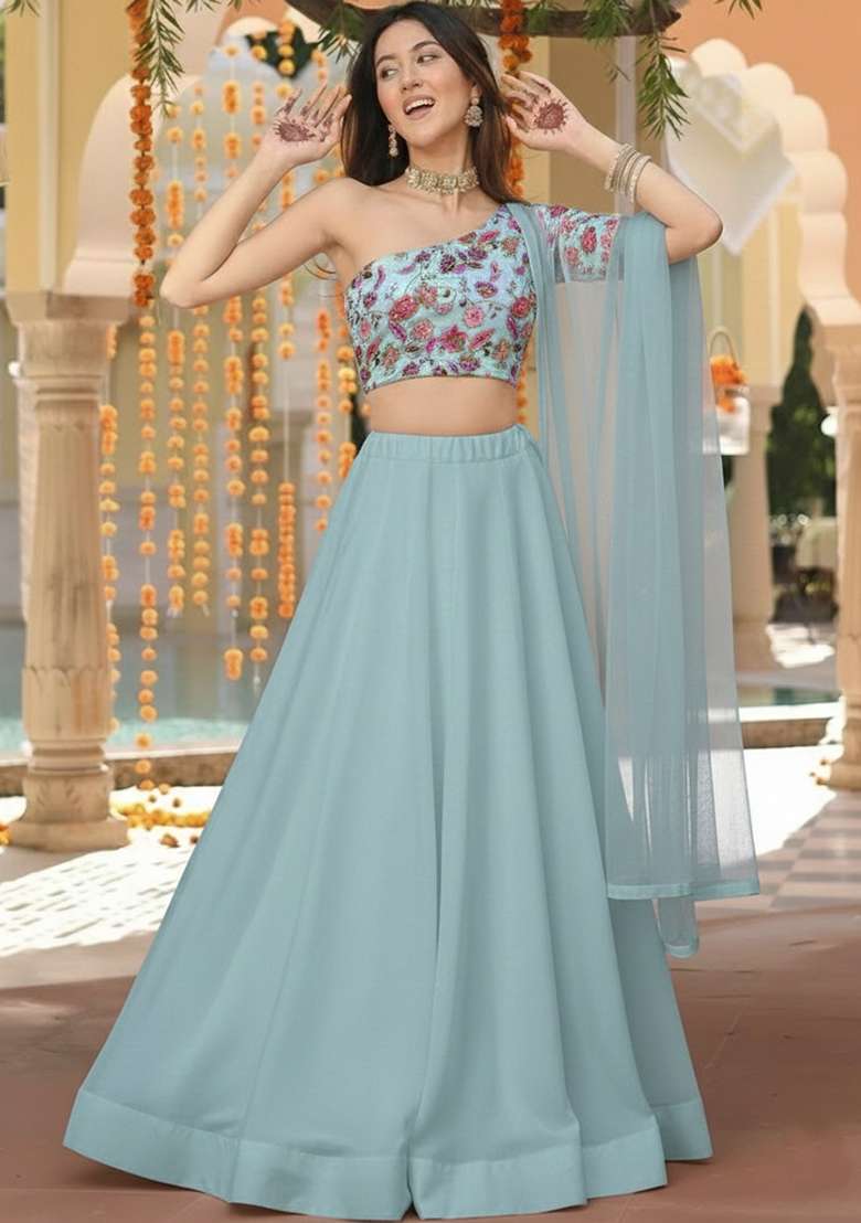 Blue Crepe Lehenga Set with Embroidered for Diwali | Wedding & Festive Wear - Indya