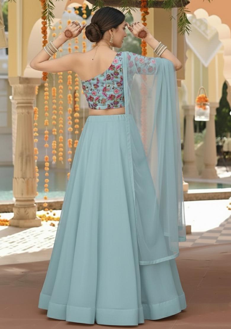 Blue Embroidered Crepe Lehenga Set - Indya