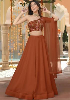 Brown Floral Print Organza Lehenga Set