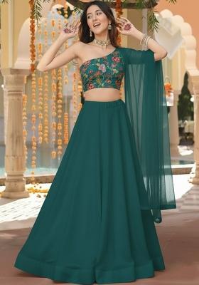Bottle Green Floral Print Organza Lehenga Set
