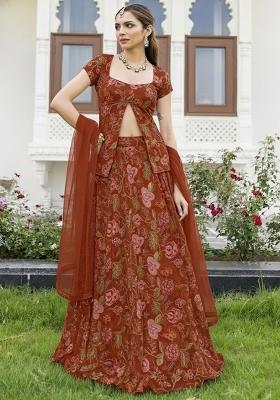 Brown Floral Print Organza Lehenga Set