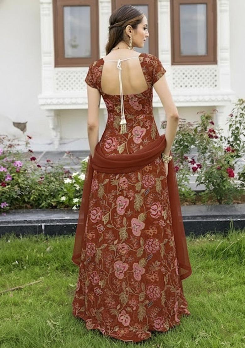 Brown Floral Print Organza Lehenga Set - Indya