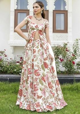 White Floral Print Organza Lehenga Set