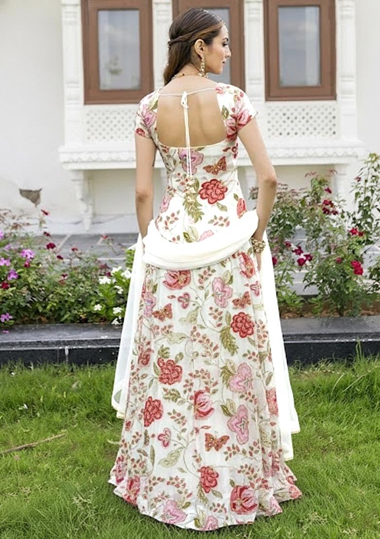 White Floral Print Organza Lehenga Set - Indya