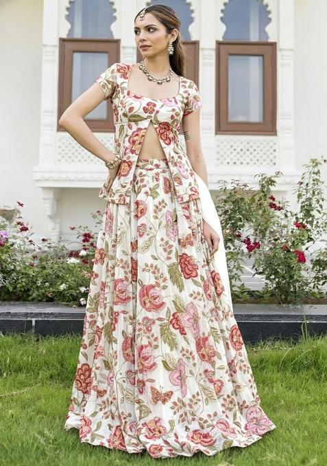 White Floral Print Organza Lehenga Set