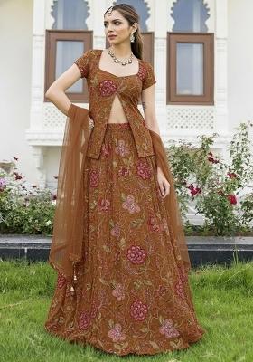 Brown Floral Print Organza Lehenga Set