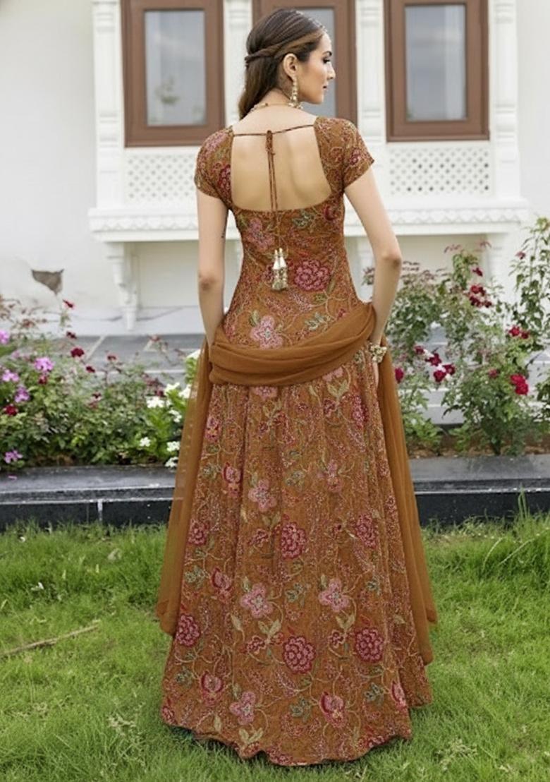 Brown Floral Print Organza Lehenga Set - Indya
