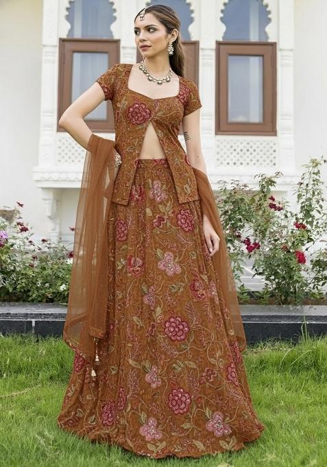 Brown Floral Print Organza Lehenga Set