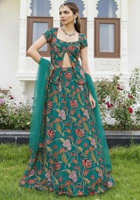 Teal Blue Floral Print Organza Lehenga Set