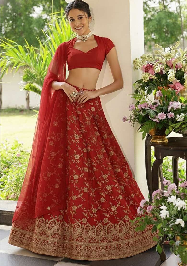 Red Zari Tissue Lehenga Set - Indya