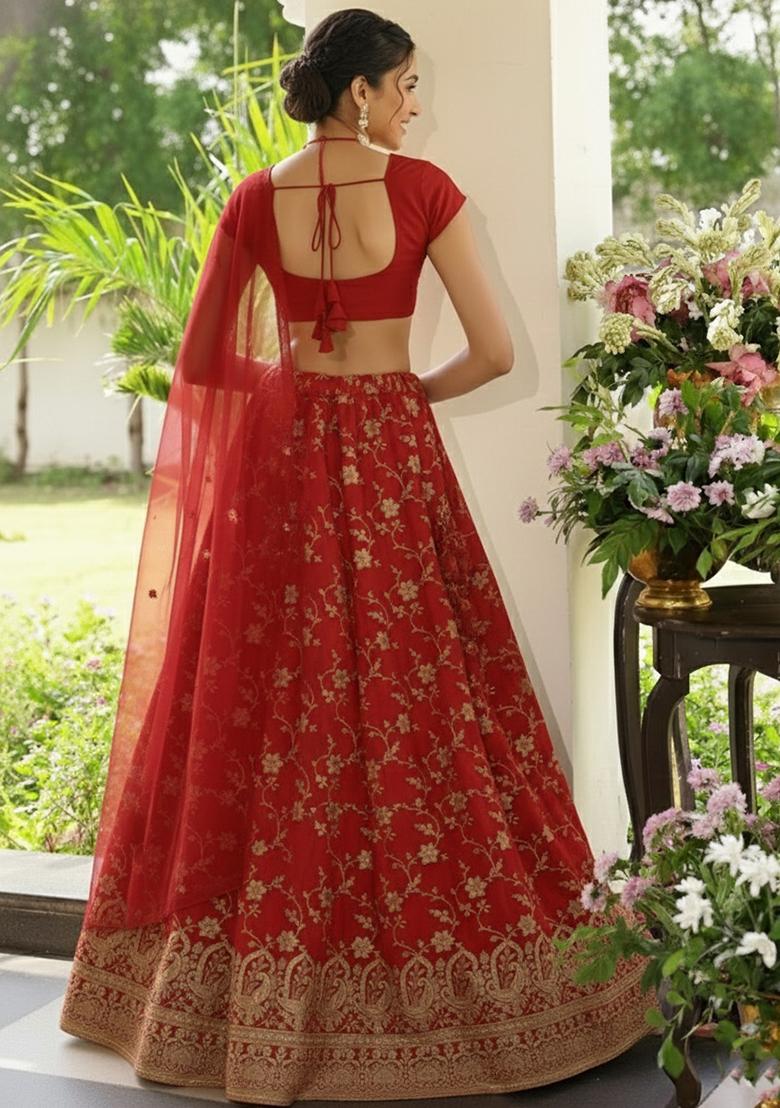 Red Zari Tissue Lehenga Set - Indya