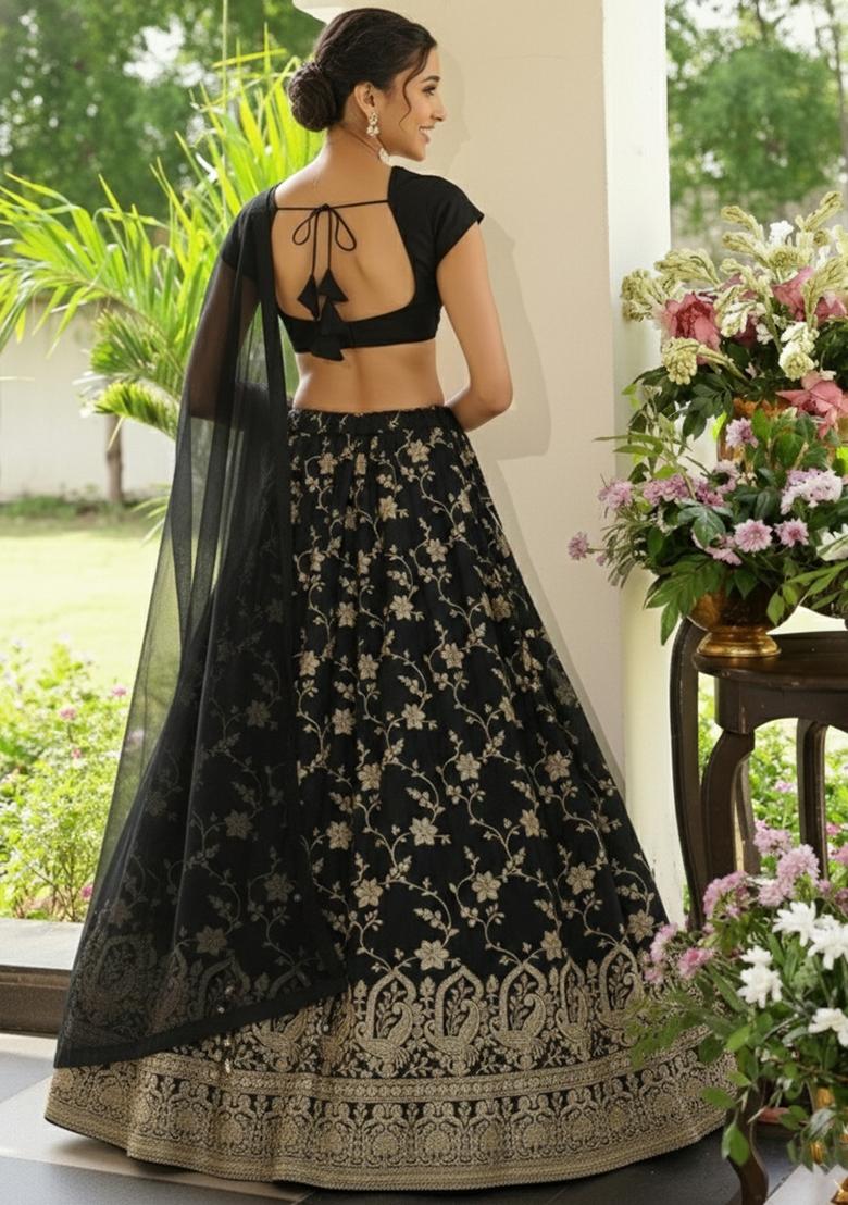 Black Zari Tissue Lehenga Set - Indya