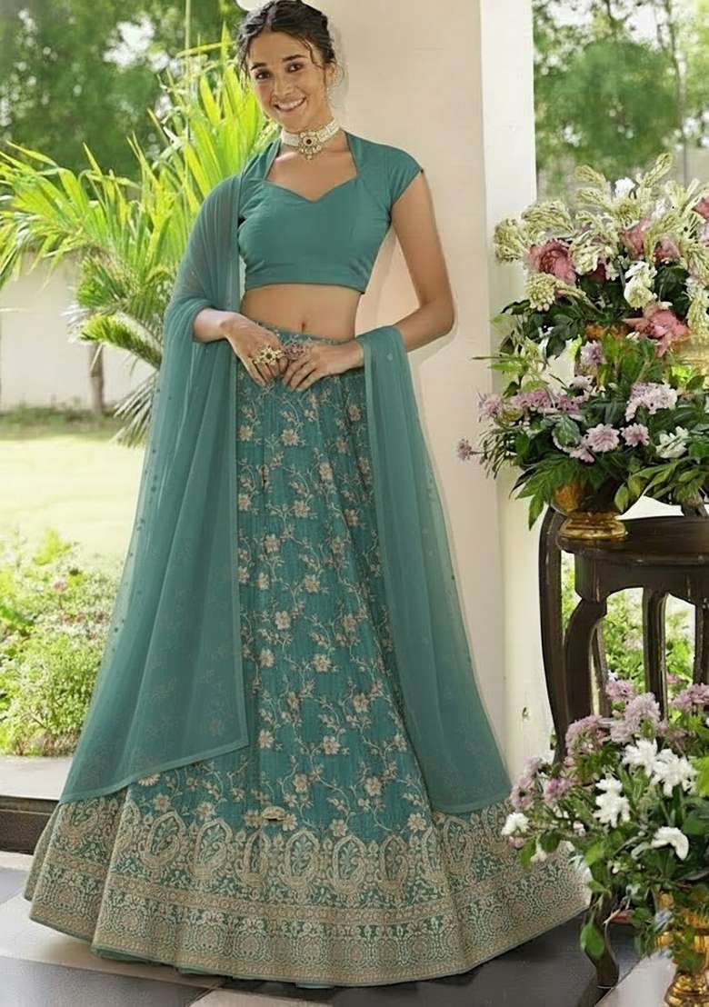 Sky Blue Zari Tissue Lehenga Set - Indya