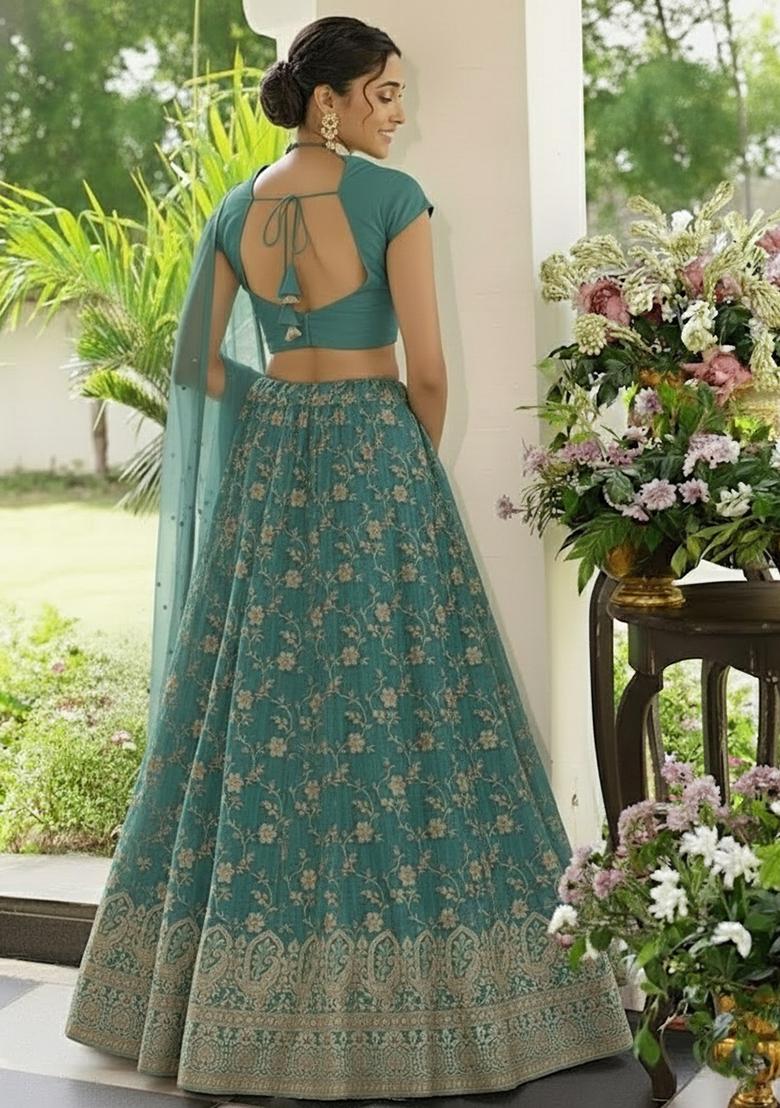 Sky Blue Zari Tissue Lehenga Set - Indya