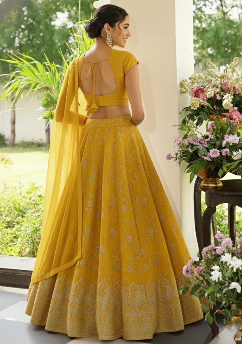 Yellow Tissue Lehenga Set - Indya
